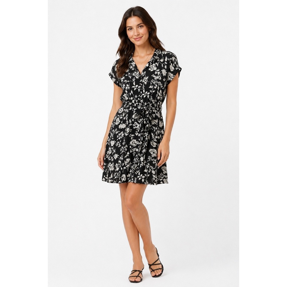 Lucky Brand Shirtdress Womens XL Black‎ White Floral Tie Waist